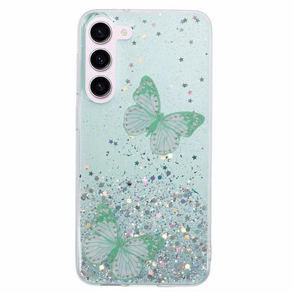 AW Series For Samsung Galaxy S24 Case TPU+PVC Sparkle Epoxy Butterfly Decor Cover with Big Rear Lens Hole