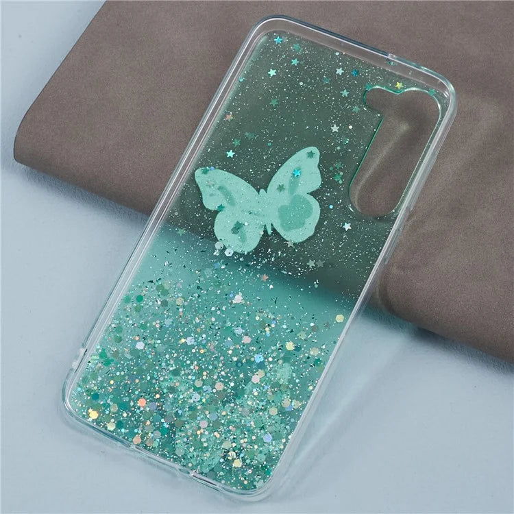 AW Series For Samsung Galaxy S24 Case TPU+PVC Sparkle Epoxy Butterfly Decor Cover with Big Rear Lens Hole