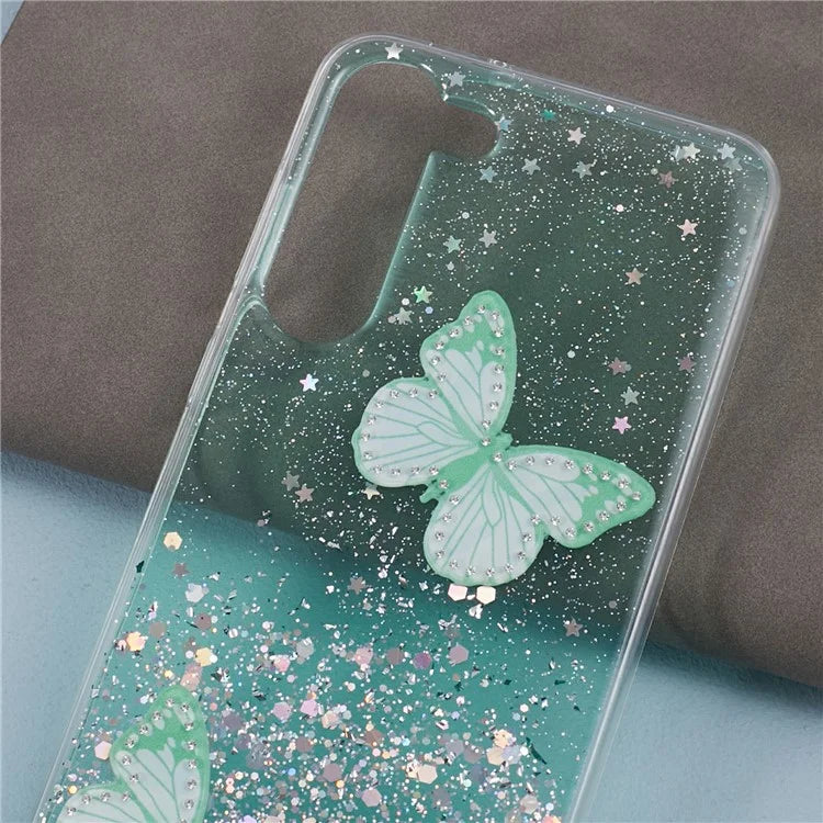 AW Series For Samsung Galaxy S24 Case TPU+PVC Sparkle Epoxy Butterfly Decor Cover with Big Rear Lens Hole