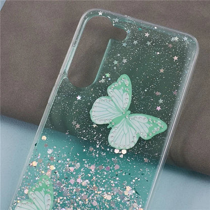 AW Series For Samsung Galaxy S24 Case TPU+PVC Sparkle Epoxy Butterfly Decor Cover with Big Rear Lens Hole