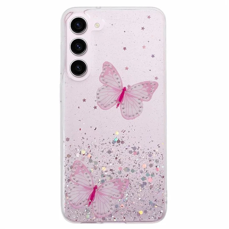 AW Series For Samsung Galaxy S24 Case TPU+PVC Sparkle Epoxy Butterfly Decor Cover with Big Rear Lens Hole