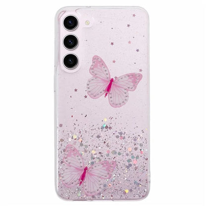 AW Series For Samsung Galaxy S24 Case TPU+PVC Sparkle Epoxy Butterfly Decor Cover with Big Rear Lens Hole
