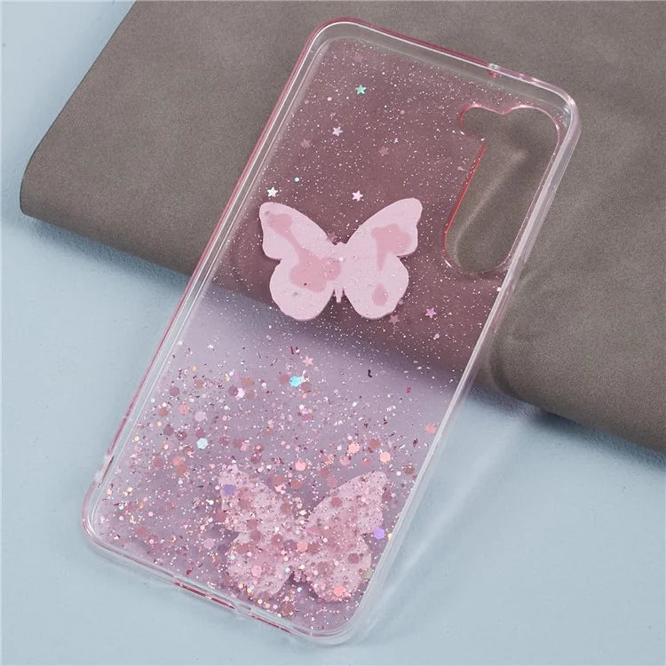 AW Series For Samsung Galaxy S24 Case TPU+PVC Sparkle Epoxy Butterfly Decor Cover with Big Rear Lens Hole
