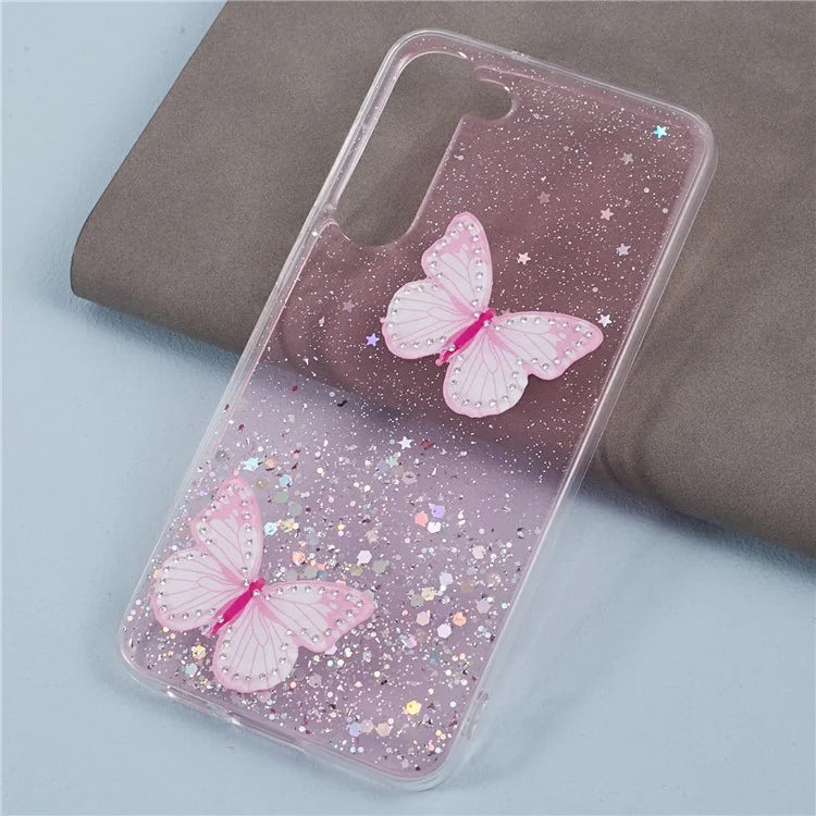 AW Series For Samsung Galaxy S24 Case TPU+PVC Sparkle Epoxy Butterfly Decor Cover with Big Rear Lens Hole