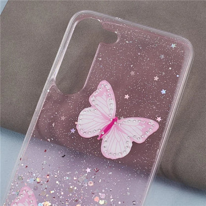 AW Series For Samsung Galaxy S24 Case TPU+PVC Sparkle Epoxy Butterfly Decor Cover with Big Rear Lens Hole