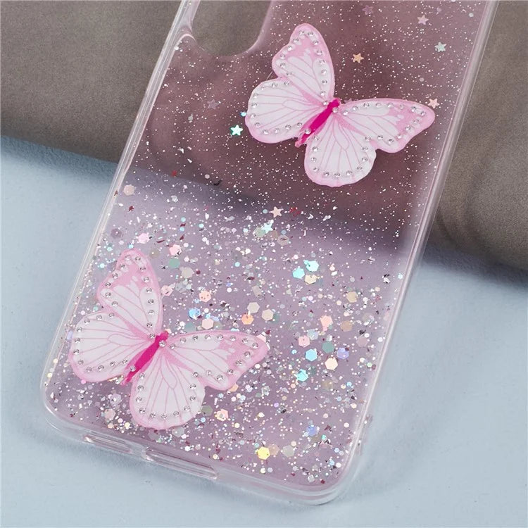 AW Series For Samsung Galaxy S24 Case TPU+PVC Sparkle Epoxy Butterfly Decor Cover with Big Rear Lens Hole