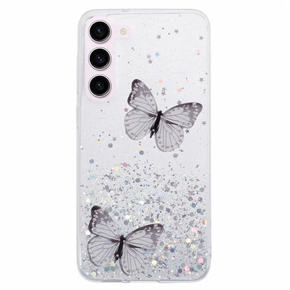 AW Series For Samsung Galaxy S24 Case TPU+PVC Sparkle Epoxy Butterfly Decor Cover with Big Rear Lens Hole
