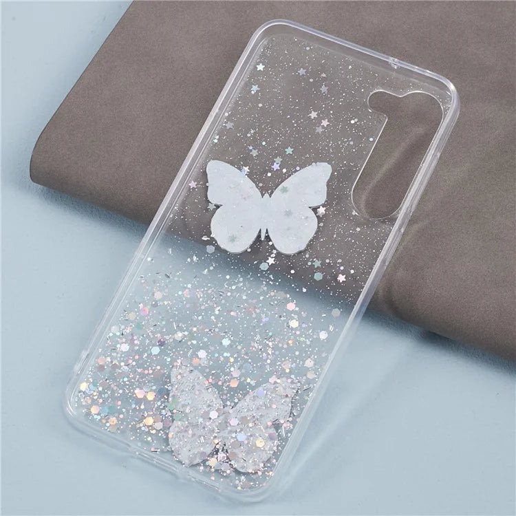 AW Series For Samsung Galaxy S24 Case TPU+PVC Sparkle Epoxy Butterfly Decor Cover with Big Rear Lens Hole