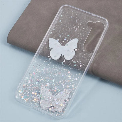AW Series For Samsung Galaxy S24 Case TPU+PVC Sparkle Epoxy Butterfly Decor Cover with Big Rear Lens Hole