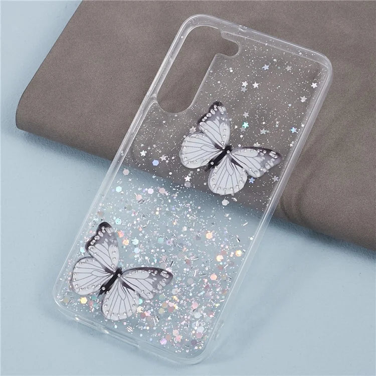 AW Series For Samsung Galaxy S24 Case TPU+PVC Sparkle Epoxy Butterfly Decor Cover with Big Rear Lens Hole