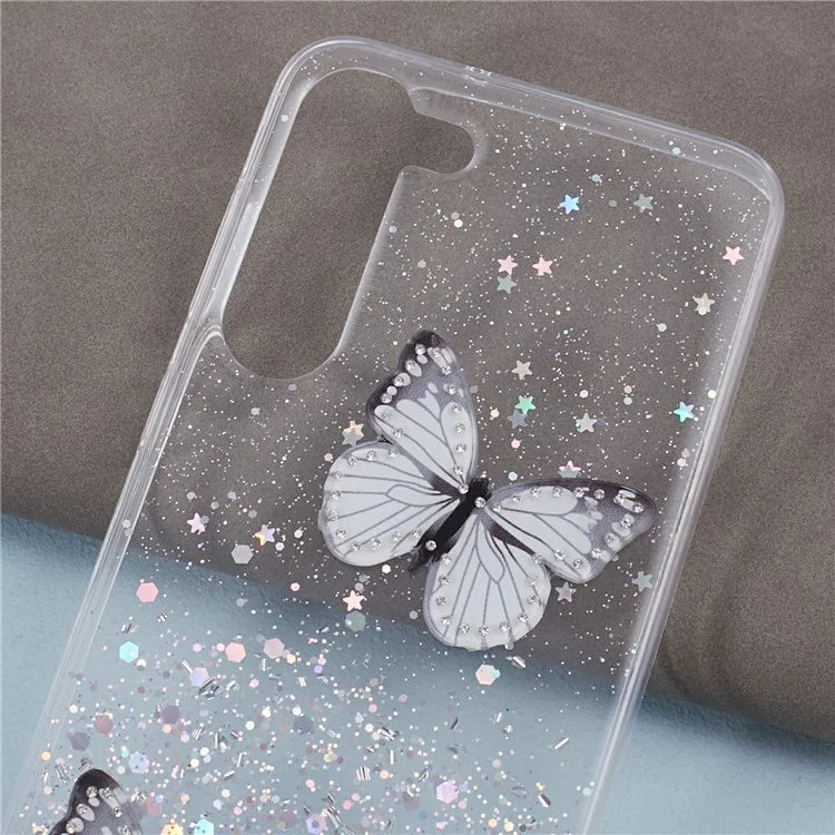 AW Series For Samsung Galaxy S24 Case TPU+PVC Sparkle Epoxy Butterfly Decor Cover with Big Rear Lens Hole