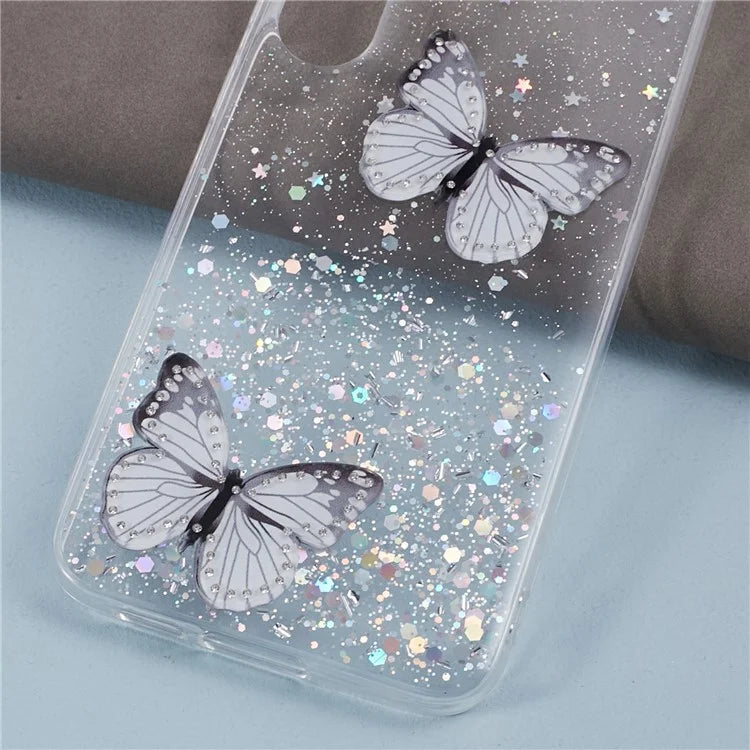 AW Series For Samsung Galaxy S24 Case TPU+PVC Sparkle Epoxy Butterfly Decor Cover with Big Rear Lens Hole