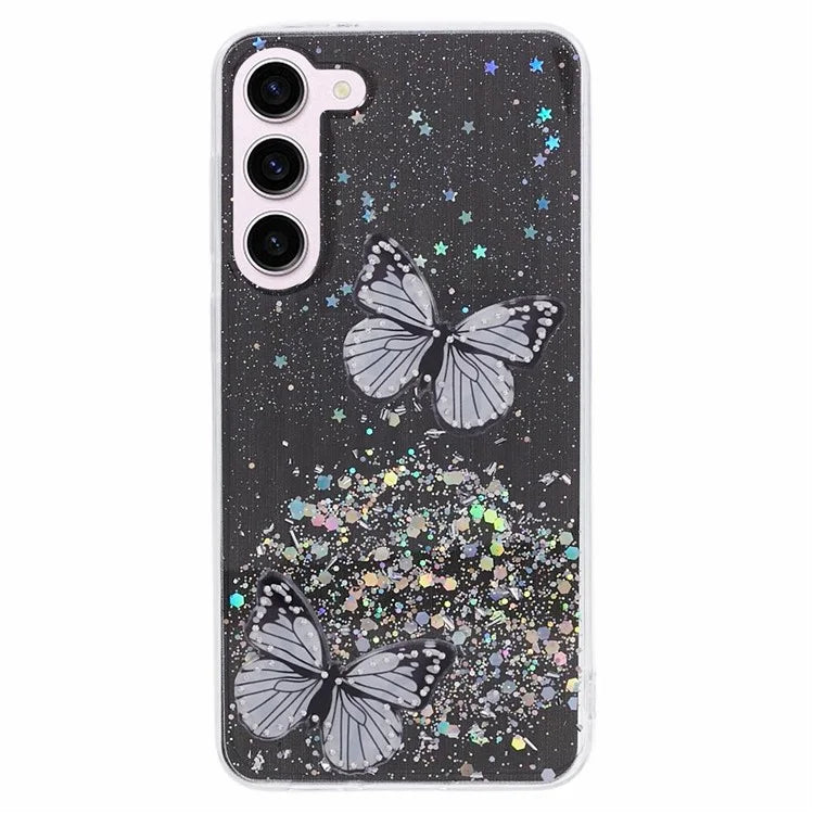 AW Series For Samsung Galaxy S24 Case TPU+PVC Sparkle Epoxy Butterfly Decor Cover with Big Rear Lens Hole