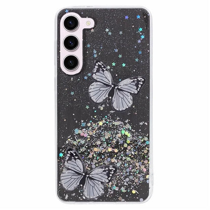 AW Series For Samsung Galaxy S24 Case TPU+PVC Sparkle Epoxy Butterfly Decor Cover with Big Rear Lens Hole