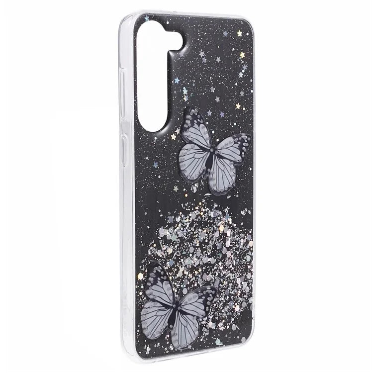 AW Series For Samsung Galaxy S24 Case TPU+PVC Sparkle Epoxy Butterfly Decor Cover with Big Rear Lens Hole