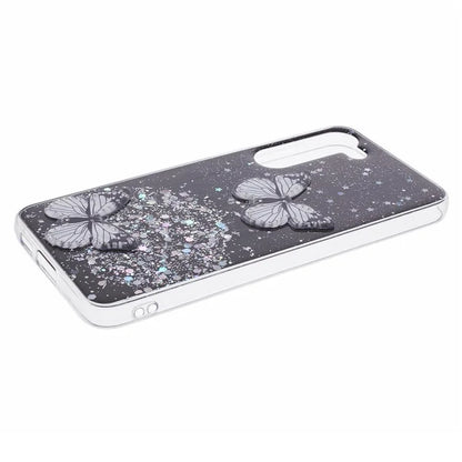 AW Series For Samsung Galaxy S24 Case TPU+PVC Sparkle Epoxy Butterfly Decor Cover with Big Rear Lens Hole