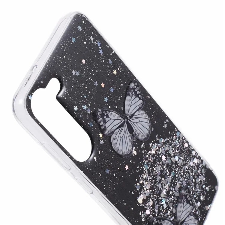 AW Series For Samsung Galaxy S24 Case TPU+PVC Sparkle Epoxy Butterfly Decor Cover with Big Rear Lens Hole