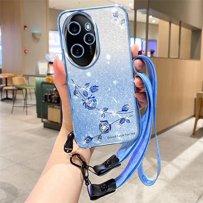 KADEM For Honor 100 Pro 5G Cover Flower Pattern Gradient TPU Cell Phone Case with Strap
