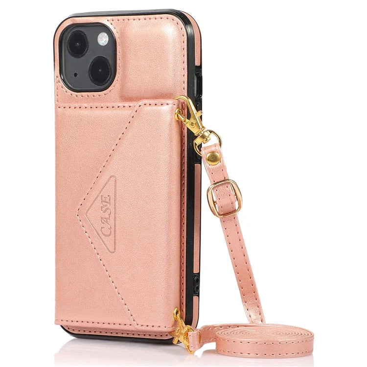 For iPhone 13 6.1 inch Cell Phone Case Card Bag Design PU+TPU Cover with Shoulder Strap