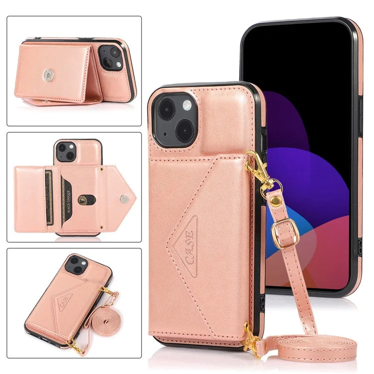 For iPhone 13 6.1 inch Cell Phone Case Card Bag Design PU+TPU Cover with Shoulder Strap