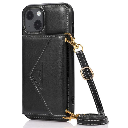 For iPhone 13 6.1 inch Cell Phone Case Card Bag Design PU+TPU Cover with Shoulder Strap