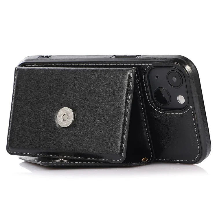 For iPhone 13 6.1 inch Cell Phone Case Card Bag Design PU+TPU Cover with Shoulder Strap