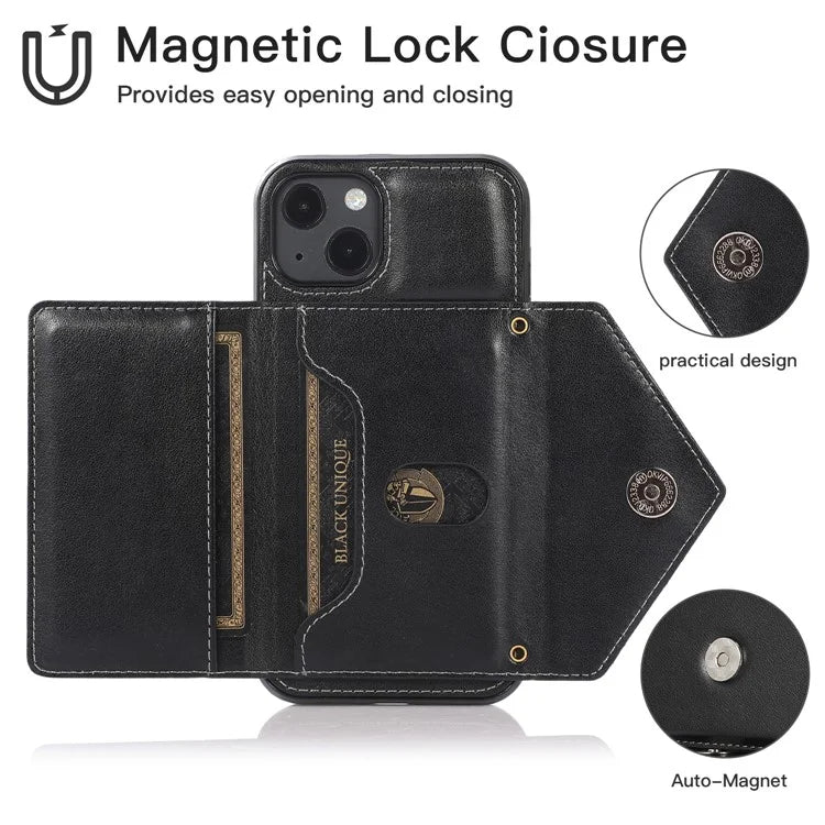 For iPhone 13 6.1 inch Cell Phone Case Card Bag Design PU+TPU Cover with Shoulder Strap