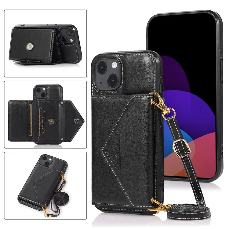 For iPhone 13 6.1 inch Cell Phone Case Card Bag Design PU+TPU Cover with Shoulder Strap