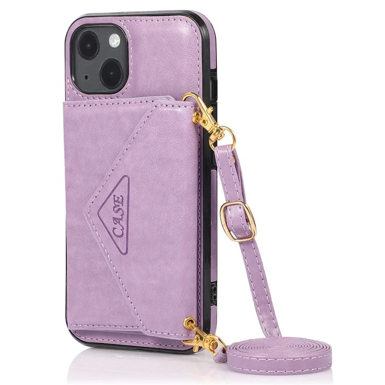 For iPhone 13 6.1 inch Cell Phone Case Card Bag Design PU+TPU Cover with Shoulder Strap