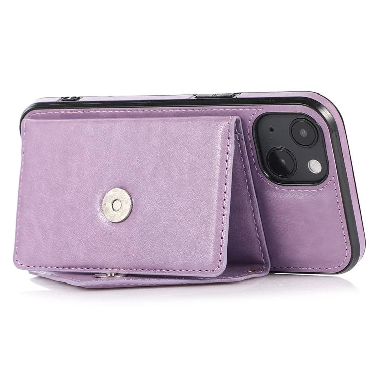 For iPhone 13 6.1 inch Cell Phone Case Card Bag Design PU+TPU Cover with Shoulder Strap