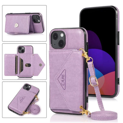 For iPhone 13 6.1 inch Cell Phone Case Card Bag Design PU+TPU Cover with Shoulder Strap