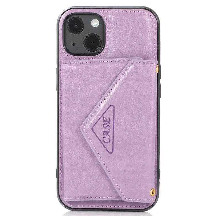 For iPhone 13 6.1 inch Cell Phone Case Card Bag Design PU+TPU Cover with Shoulder Strap