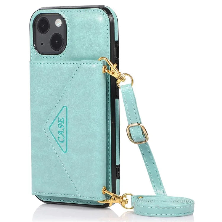 For iPhone 13 6.1 inch Cell Phone Case Card Bag Design PU+TPU Cover with Shoulder Strap