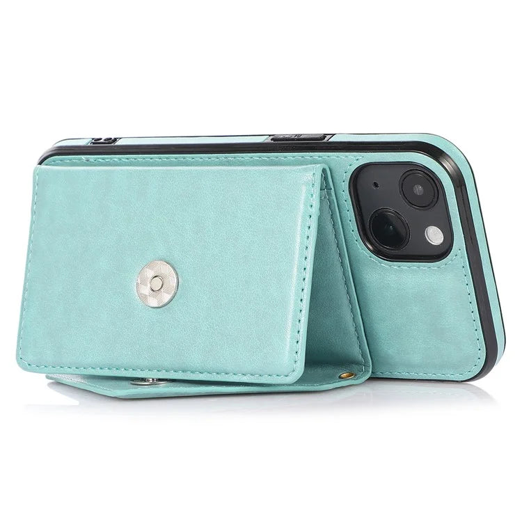 For iPhone 13 6.1 inch Cell Phone Case Card Bag Design PU+TPU Cover with Shoulder Strap