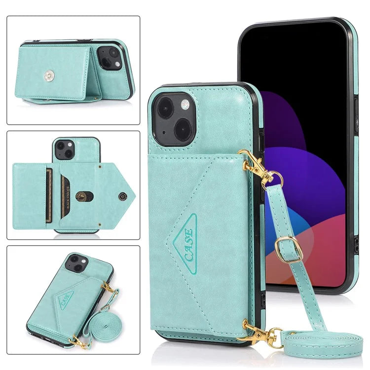 For iPhone 13 6.1 inch Cell Phone Case Card Bag Design PU+TPU Cover with Shoulder Strap