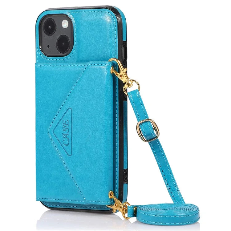For iPhone 13 6.1 inch Cell Phone Case Card Bag Design PU+TPU Cover with Shoulder Strap