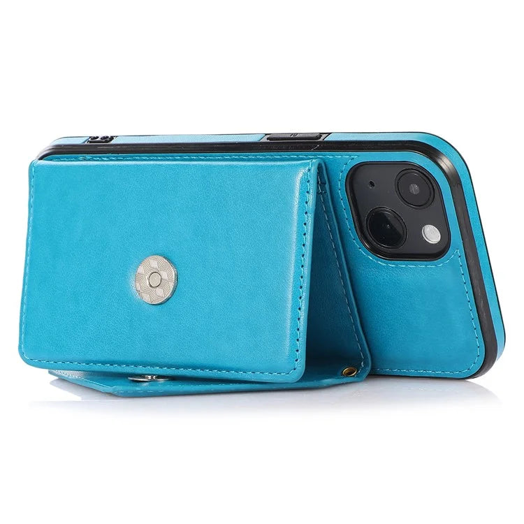 For iPhone 13 6.1 inch Cell Phone Case Card Bag Design PU+TPU Cover with Shoulder Strap