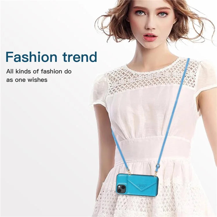 For iPhone 13 6.1 inch Cell Phone Case Card Bag Design PU+TPU Cover with Shoulder Strap