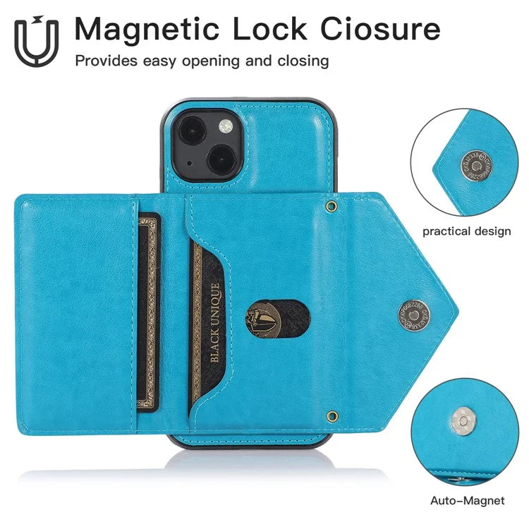 For iPhone 13 6.1 inch Cell Phone Case Card Bag Design PU+TPU Cover with Shoulder Strap