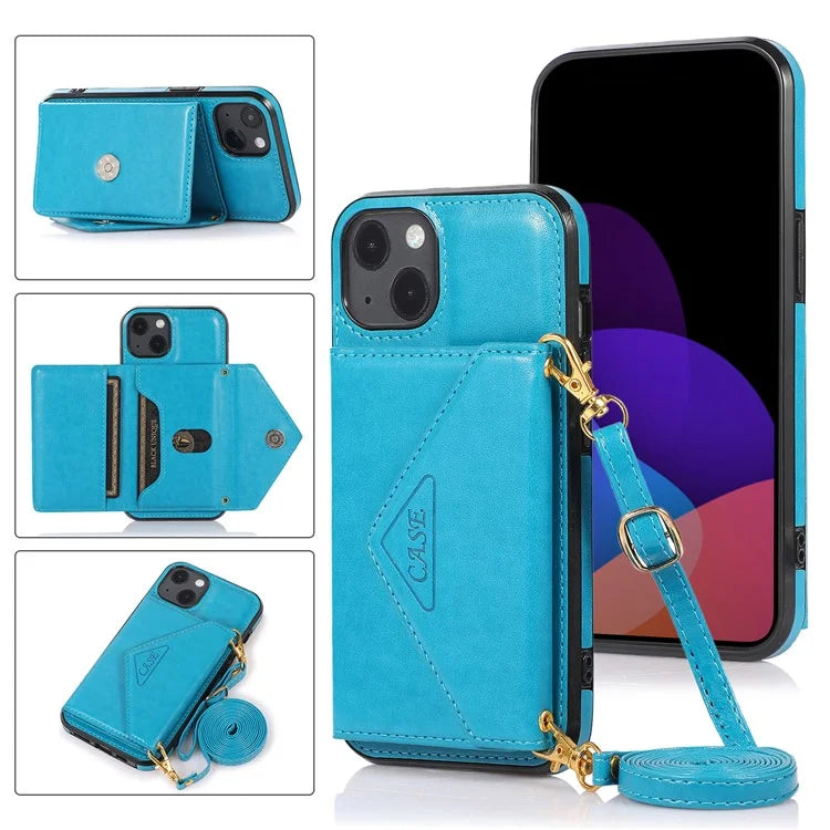 For iPhone 13 6.1 inch Cell Phone Case Card Bag Design PU+TPU Cover with Shoulder Strap