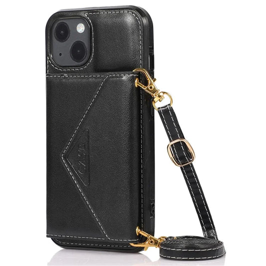For iPhone 14 Plus Case Card Holder Kickstand PU+TPU Cellphone Cover with Shoulder Strap