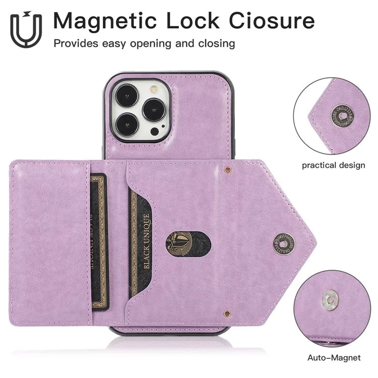 For iPhone 15 Pro Case Card Holder Drop-proof PU+TPU Phone Cover with Shoulder Strap