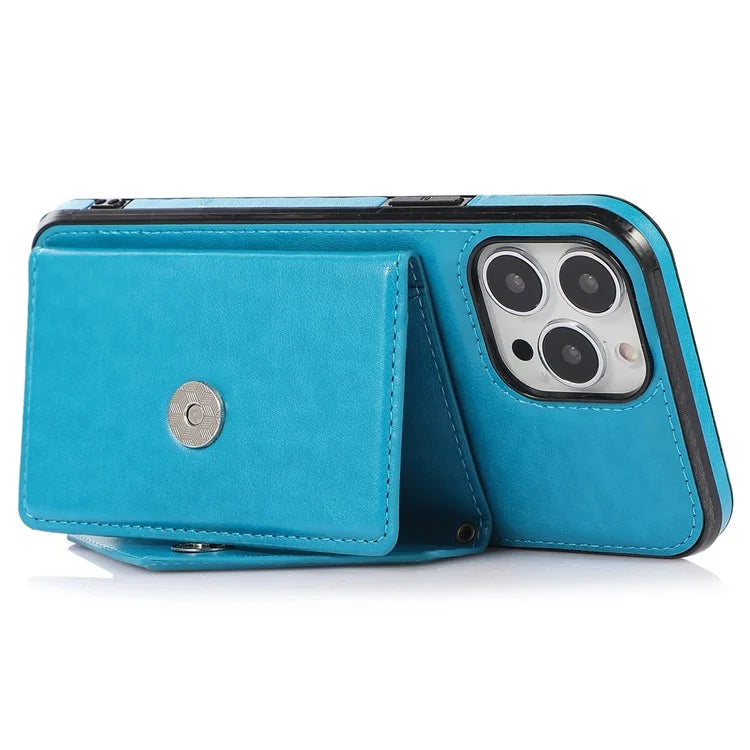 For iPhone 15 Pro Case Card Holder Drop-proof PU+TPU Phone Cover with Shoulder Strap