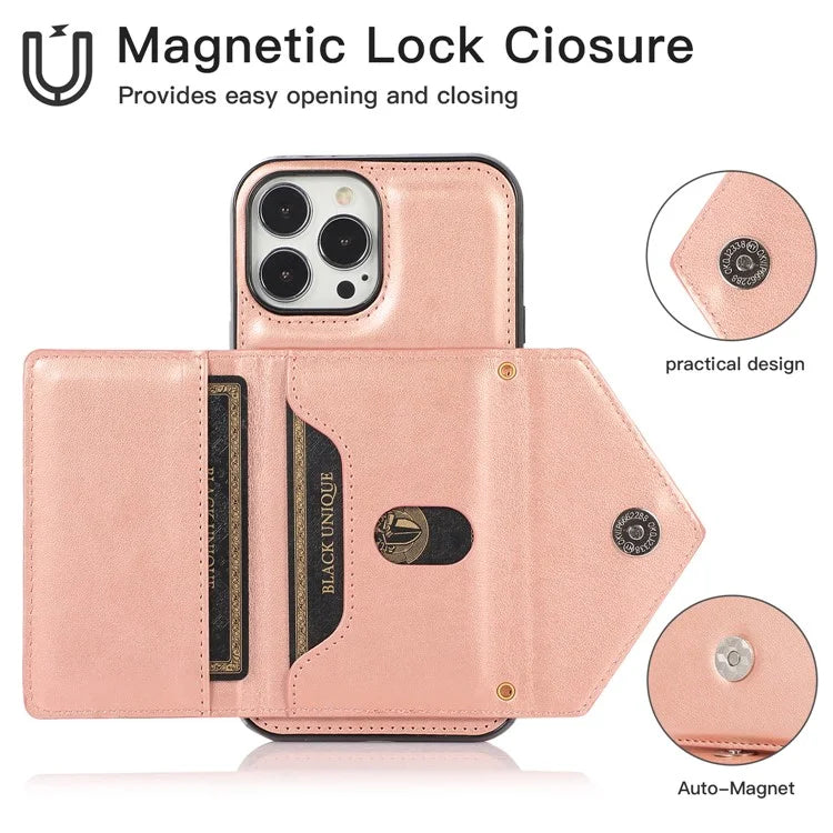 For iPhone 15 Pro Case Card Holder Drop-proof PU+TPU Phone Cover with Shoulder Strap