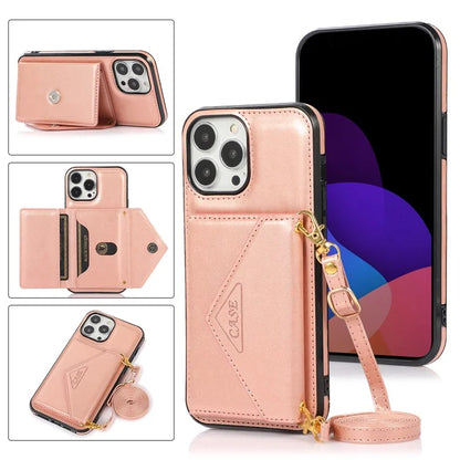 For iPhone 15 Pro Case Card Holder Drop-proof PU+TPU Phone Cover with Shoulder Strap