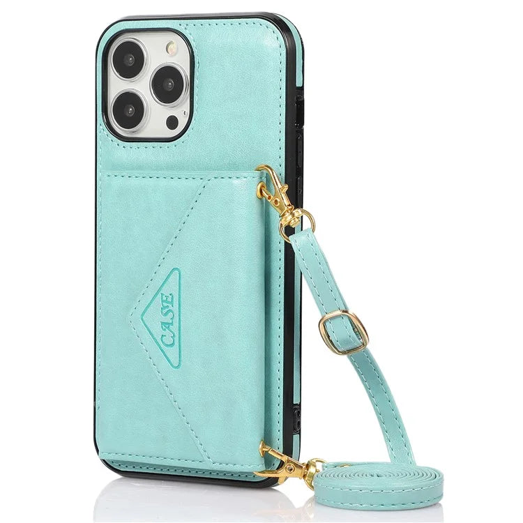 For iPhone 15 Pro Case Card Holder Drop-proof PU+TPU Phone Cover with Shoulder Strap