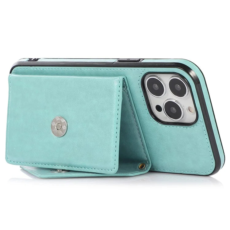 For iPhone 15 Pro Case Card Holder Drop-proof PU+TPU Phone Cover with Shoulder Strap