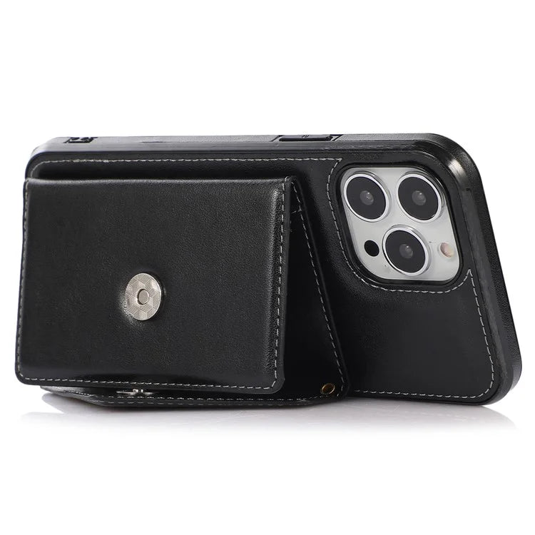 For iPhone 15 Pro Case Card Holder Drop-proof PU+TPU Phone Cover with Shoulder Strap