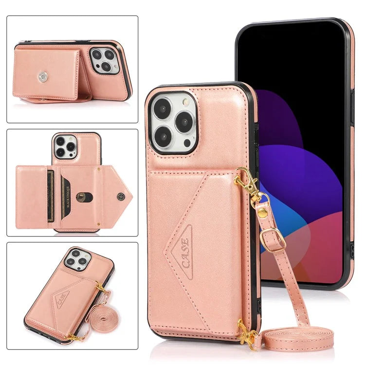 For iPhone 14 Pro Case Card Holder Kickstand Leather+TPU Cover with Long Strap
