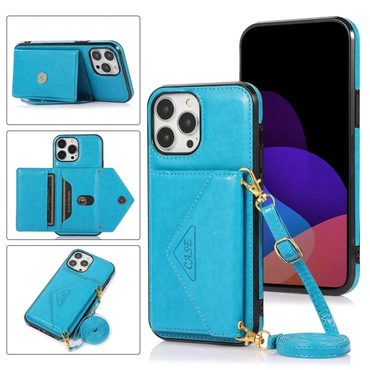 For iPhone 14 Pro Case Card Holder Kickstand Leather+TPU Cover with Long Strap